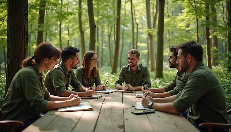 Collaborators at a wooden table in the forest (ai-generated)