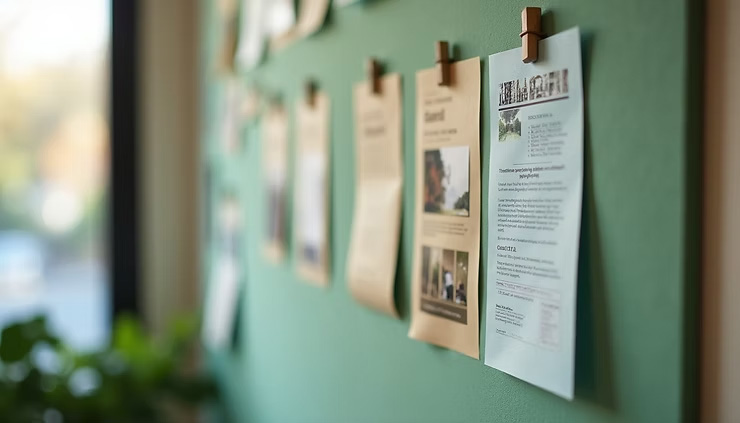 sheets of paper pinned to a green wall