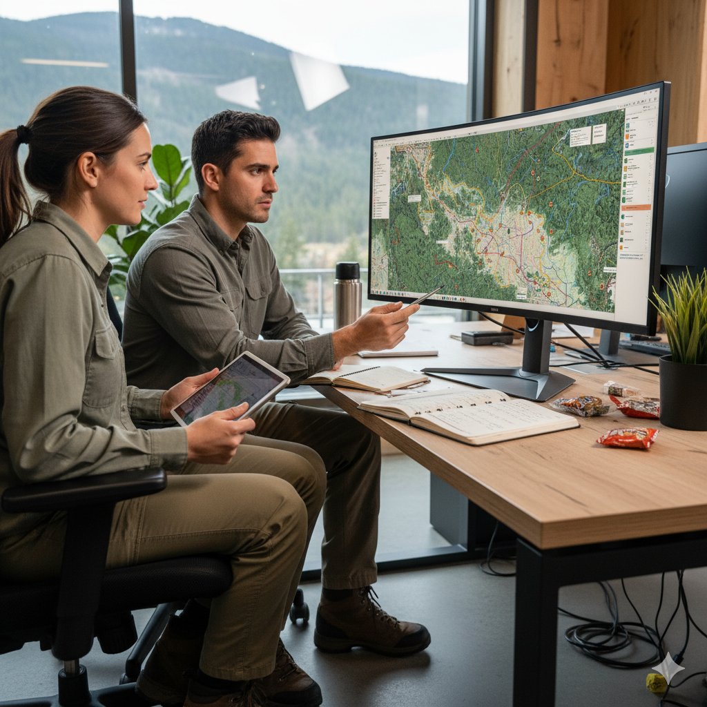 man and woman looking at computer screen showing a map